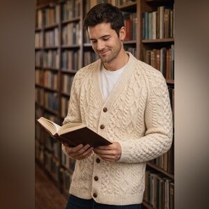 Vintage Men's Cream Cable Knit Sweater EUC